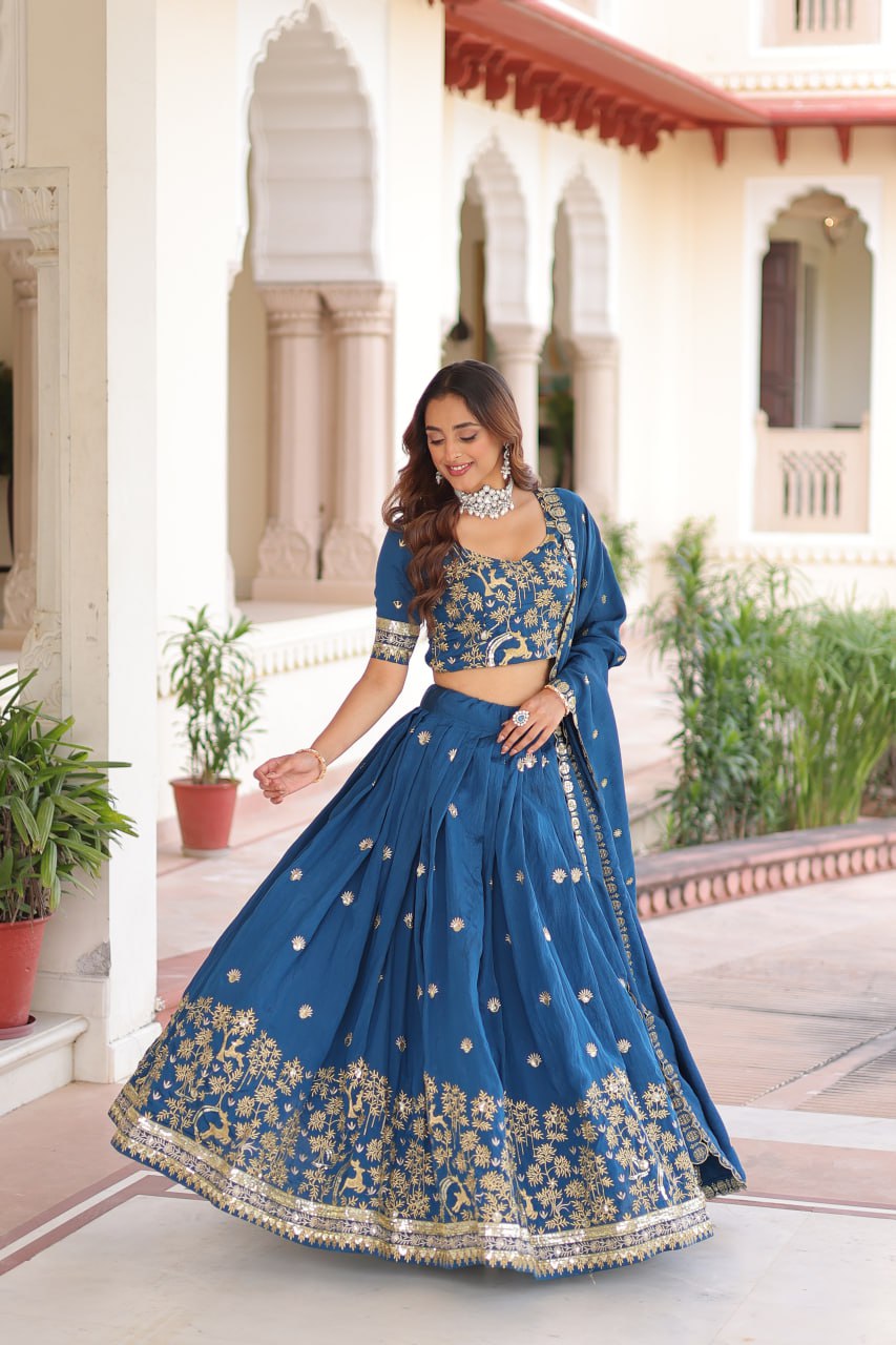 Designer Blue Color Vichitra Silk Embroidered Lehenga Set