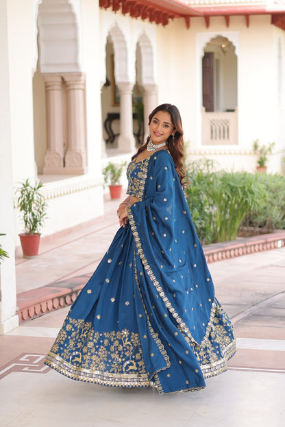 Designer Blue Color Vichitra Silk Embroidered Lehenga Set
