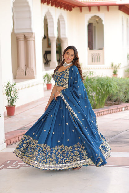Designer Blue Color Vichitra Silk Embroidered Lehenga Set