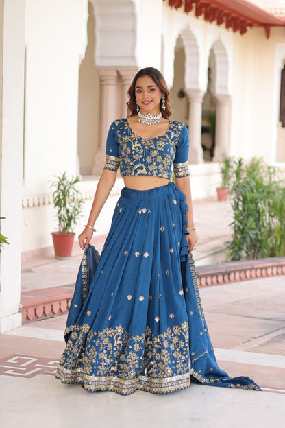 Designer Blue Color Vichitra Silk Embroidered Lehenga Set