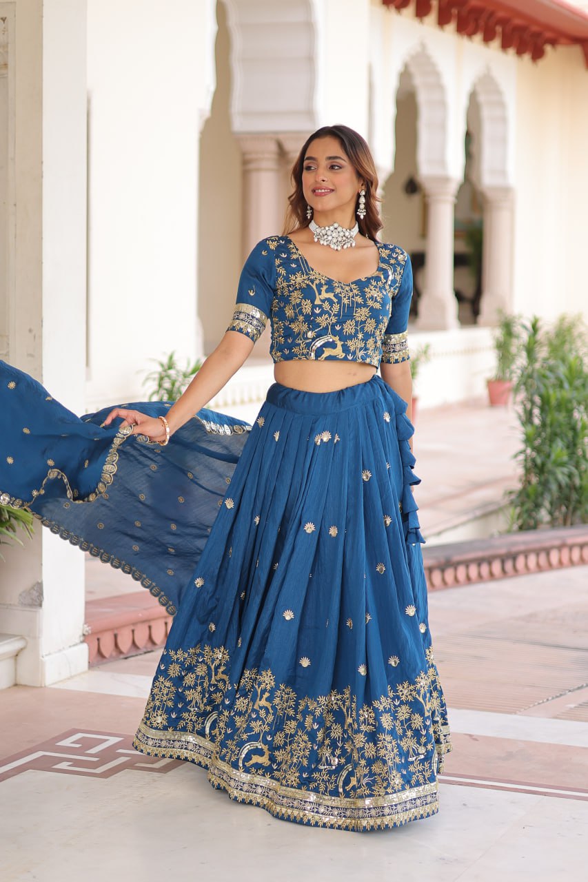 Designer Blue Color Vichitra Silk Embroidered Lehenga Set