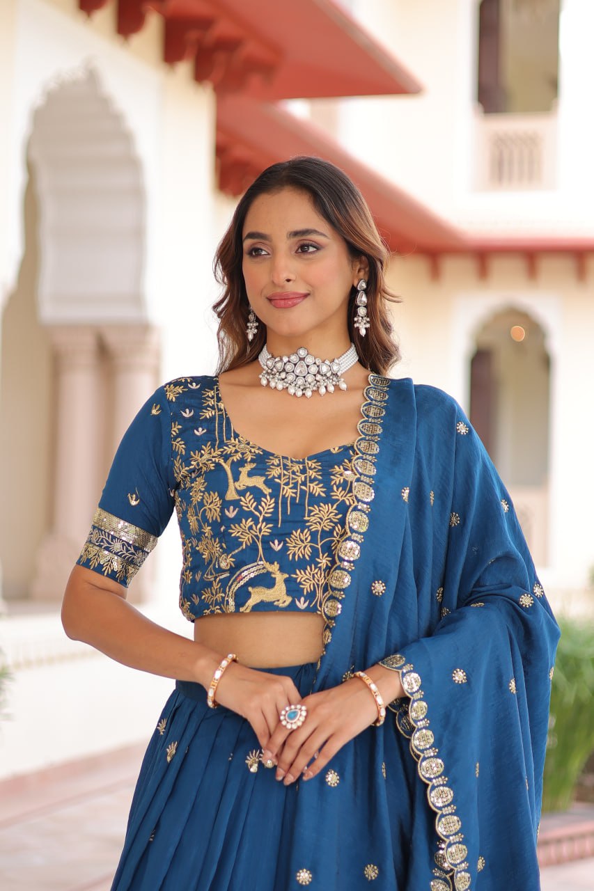 Designer Blue Color Vichitra Silk Embroidered Lehenga Set
