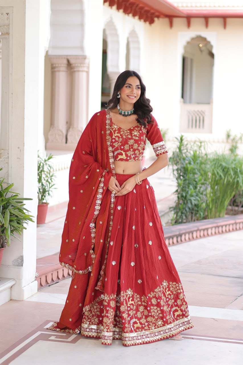 Designer Orange Color Vichitra Silk Embroidered Lehenga Set