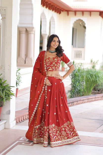Designer Orange Color Vichitra Silk Embroidered Lehenga Set