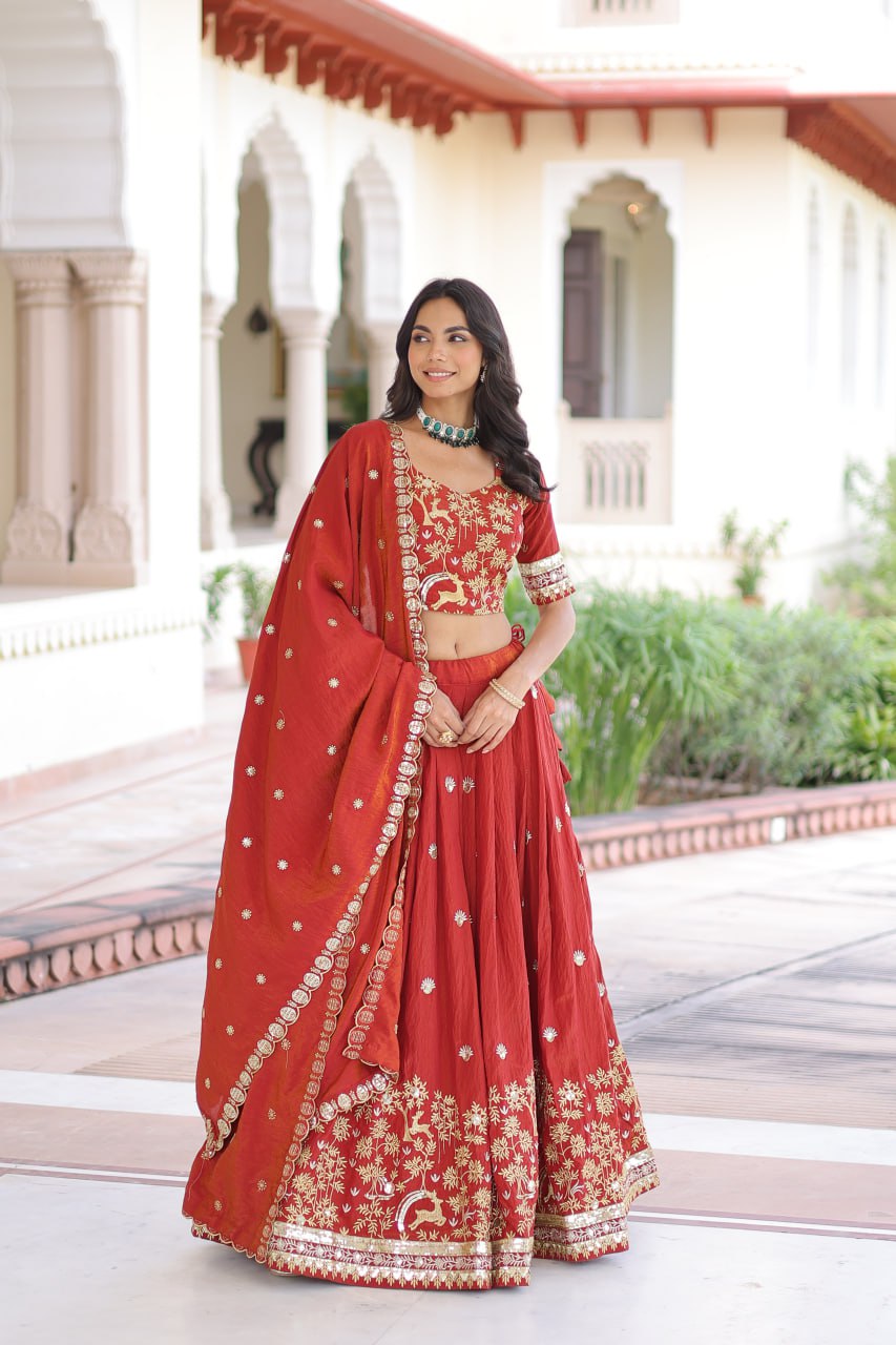 Designer Orange Color Vichitra Silk Embroidered Lehenga Set