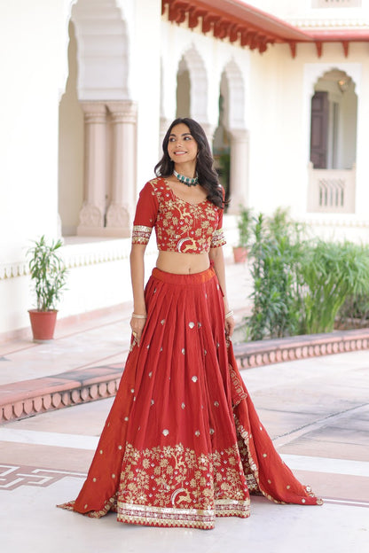 Designer Orange Color Vichitra Silk Embroidered Lehenga Set
