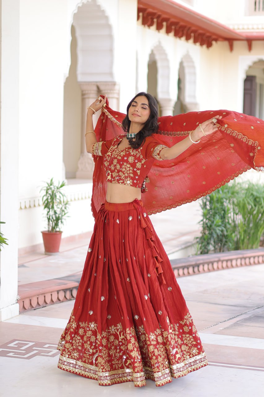 Designer Orange Color Vichitra Silk Embroidered Lehenga Set
