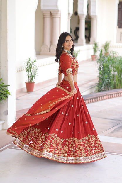 Designer Orange Color Vichitra Silk Embroidered Lehenga Set