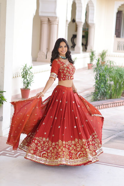 Designer Orange Color Vichitra Silk Embroidered Lehenga Set