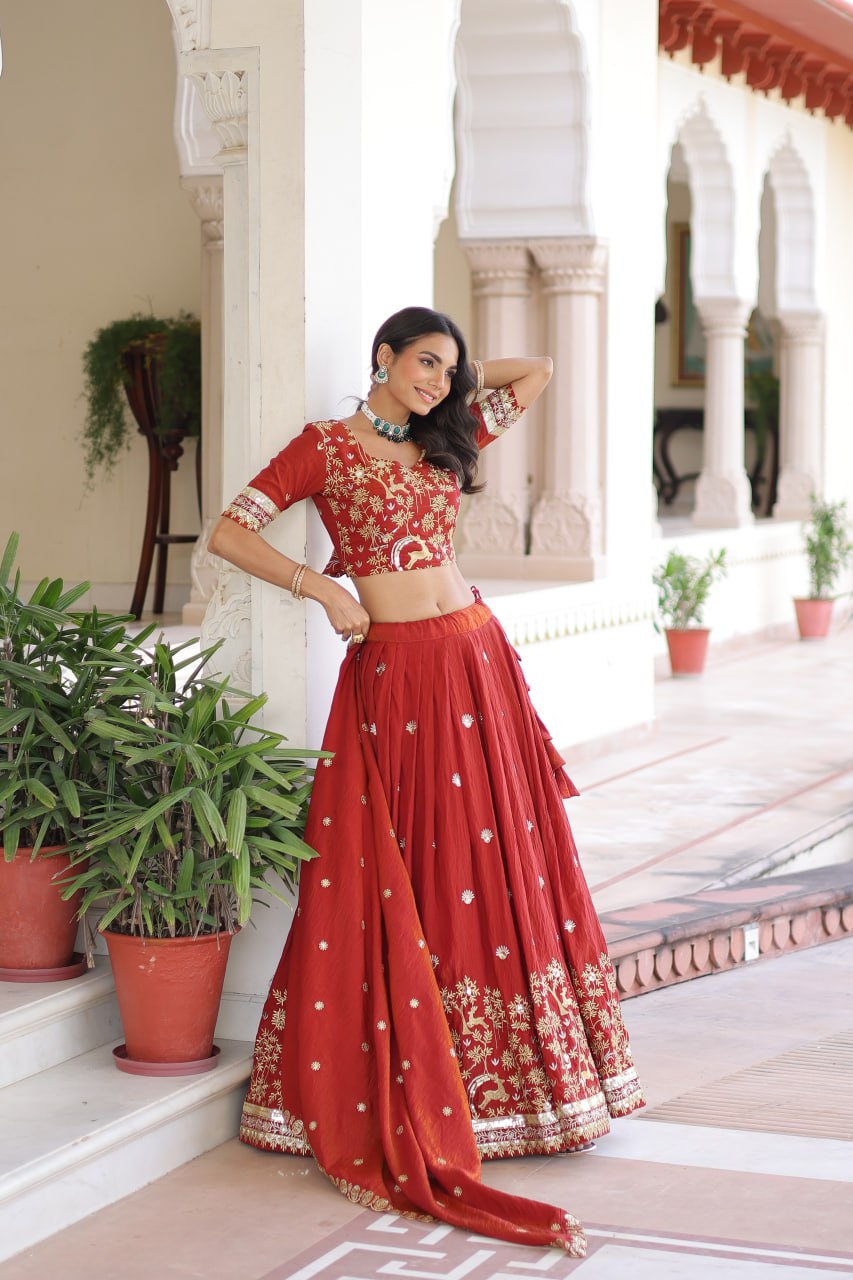 Designer Orange Color Vichitra Silk Embroidered Lehenga Set