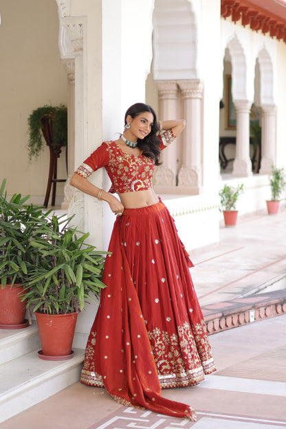 Designer Orange Color Vichitra Silk Embroidered Lehenga Set
