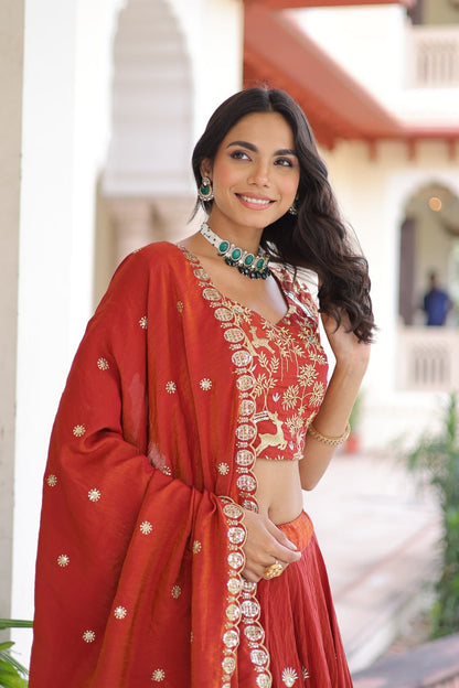 Designer Orange Color Vichitra Silk Embroidered Lehenga Set