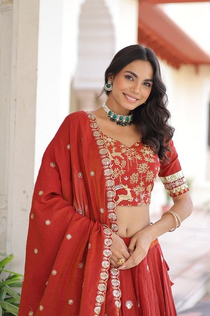 Designer Orange Color Vichitra Silk Embroidered Lehenga Set