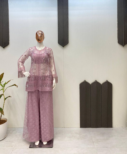 Function Wear Dusty Pink Butterfly Net With Sequence Embroidery Work Palazzo Suit