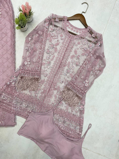 Function Wear Dusty Pink Butterfly Net With Sequence Embroidery Work Palazzo Suit