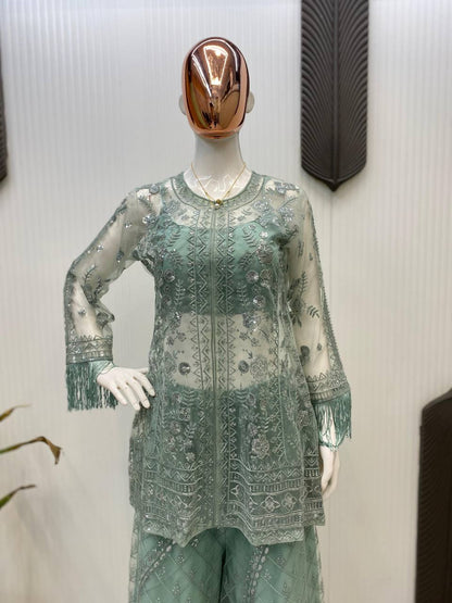 Function Wear Green Butterfly Net With Sequence Embroidery Work Palazzo Suit