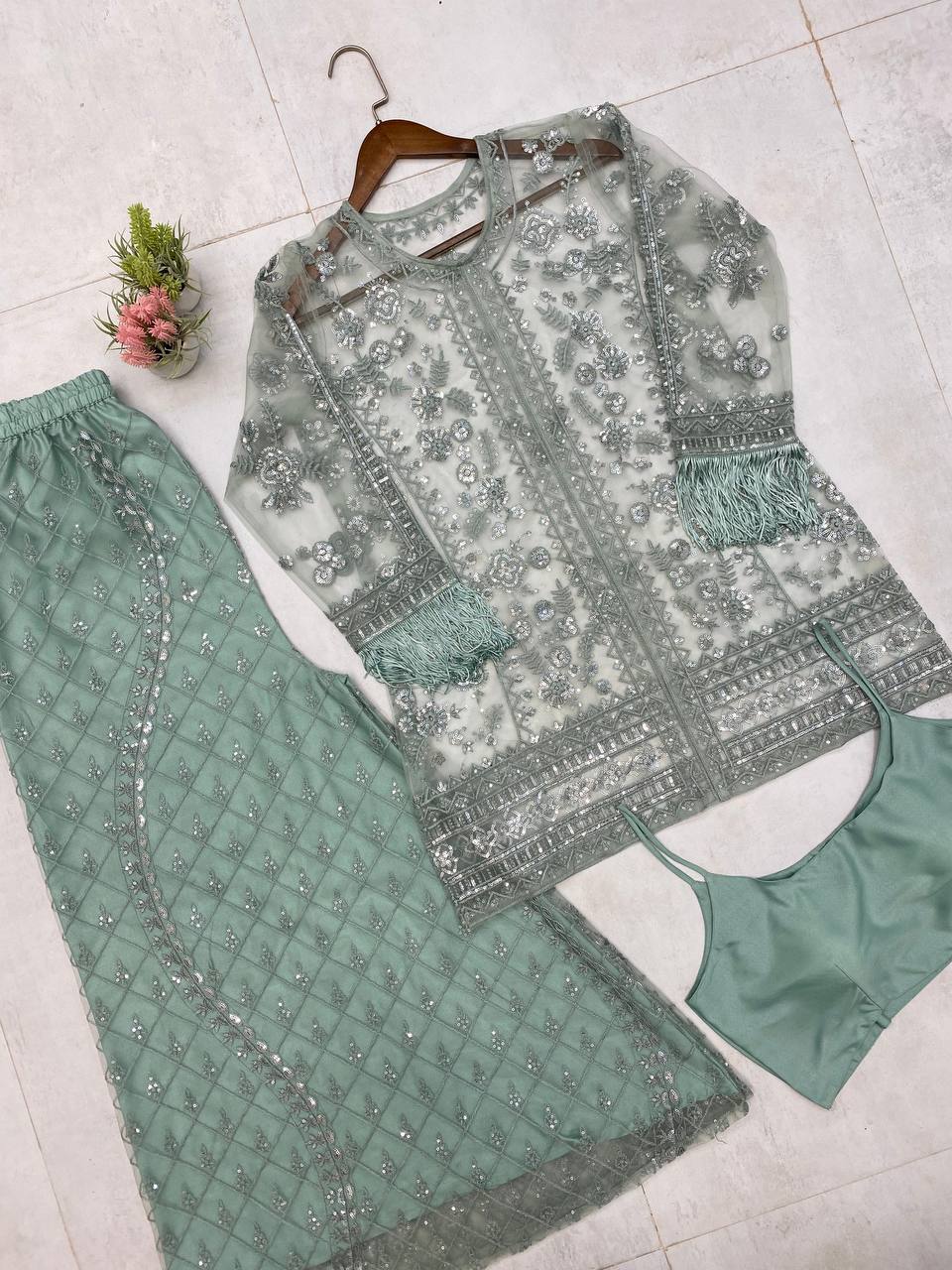 Function Wear Green Butterfly Net With Sequence Embroidery Work Palazzo Suit