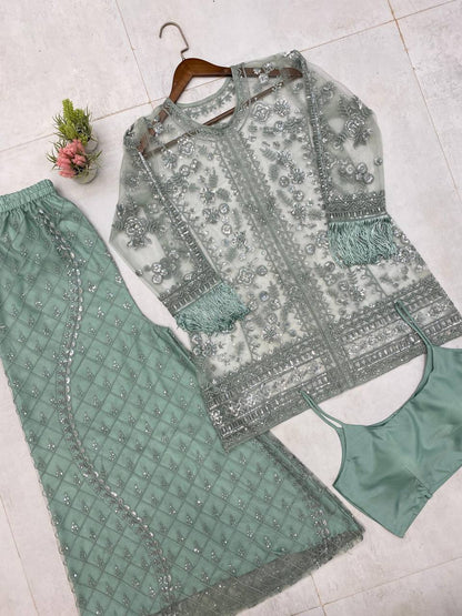 Function Wear Green Butterfly Net With Sequence Embroidery Work Palazzo Suit