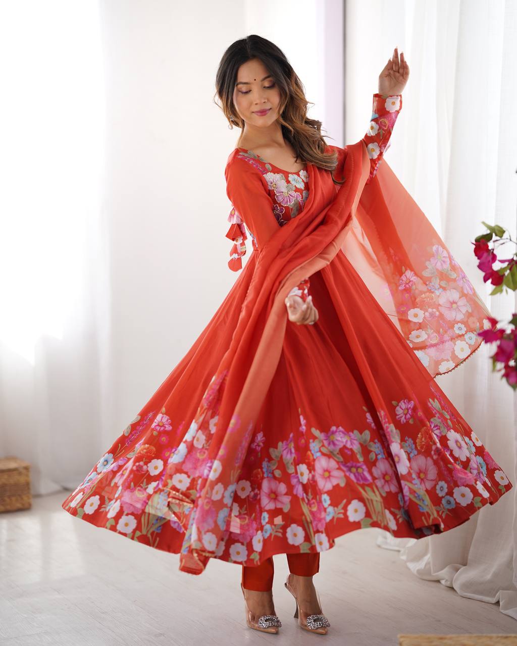 Party Wear Pure Soft Organza Silk Print Multi Flower Print Orange Color Anarkali Suit