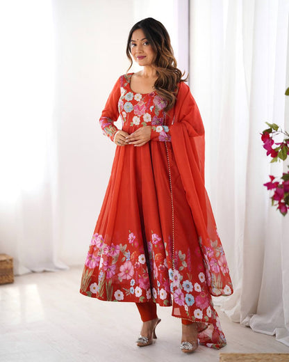Party Wear Pure Soft Organza Silk Print Multi Flower Print Orange Color Anarkali Suit