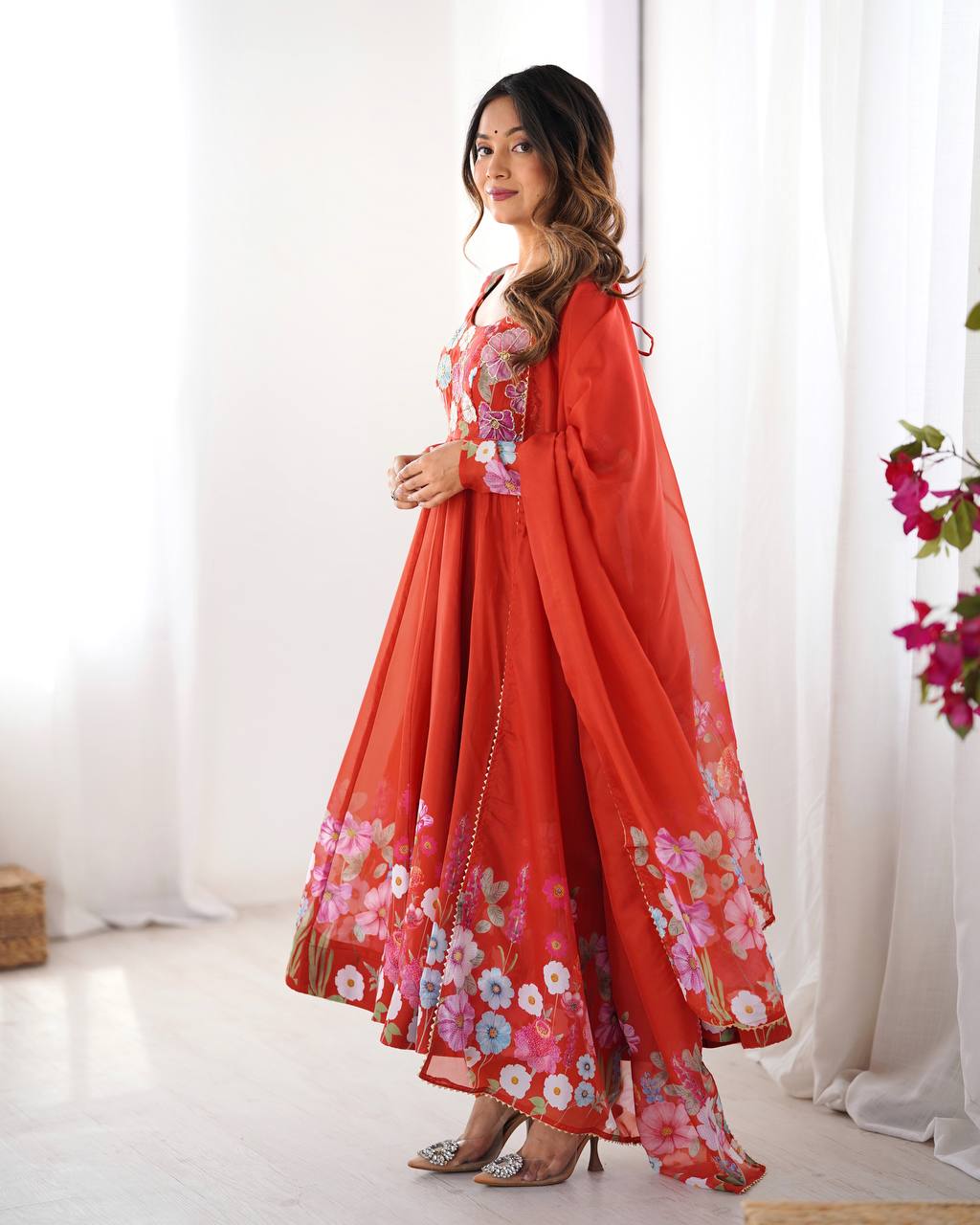 Party Wear Pure Soft Organza Silk Print Multi Flower Print Orange Color Anarkali Suit