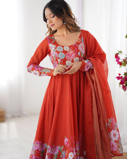 Party Wear Pure Soft Organza Silk Print Multi Flower Print Orange Color Anarkali Suit