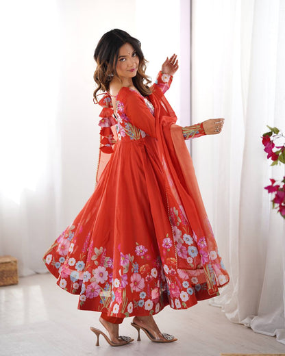 Party Wear Pure Soft Organza Silk Print Multi Flower Print Orange Color Anarkali Suit