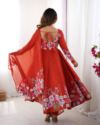 Party Wear Pure Soft Organza Silk Print Multi Flower Print Orange Color Anarkali Suit