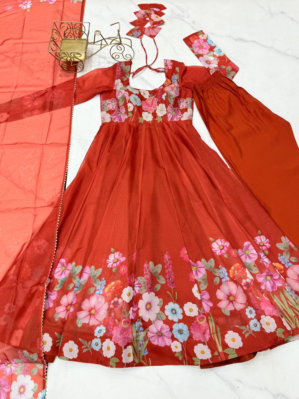 Party Wear Pure Soft Organza Silk Print Multi Flower Print Orange Color Anarkali Suit