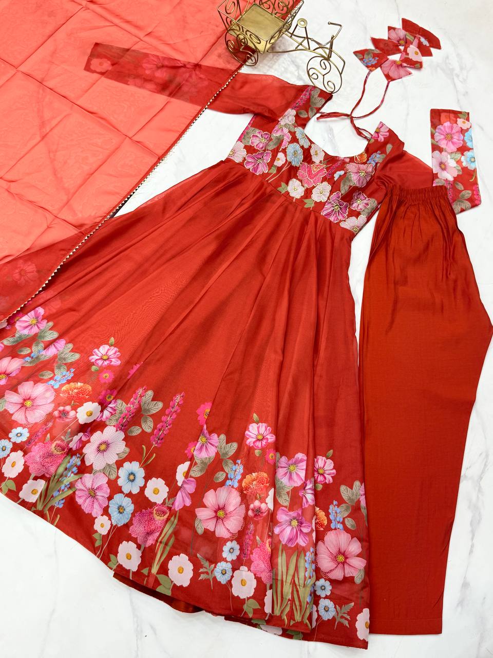 Party Wear Pure Soft Organza Silk Print Multi Flower Print Orange Color Anarkali Suit