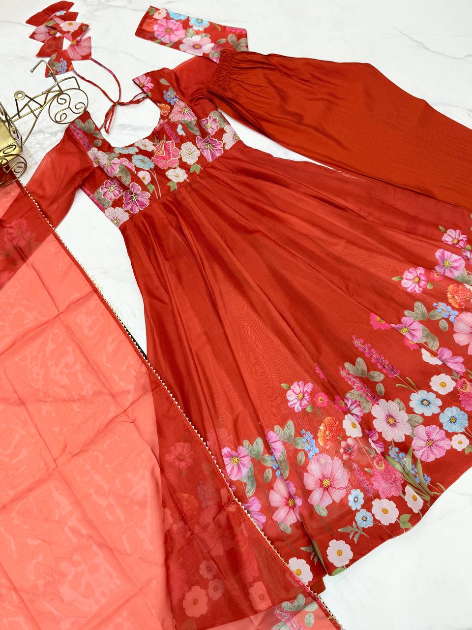 Party Wear Pure Soft Organza Silk Print Multi Flower Print Orange Color Anarkali Suit