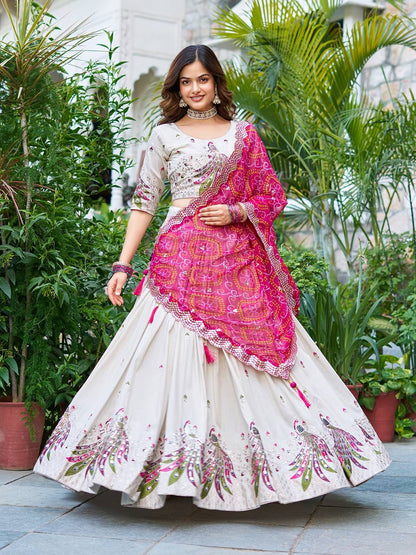 Mesmerizing Pink Color Pure Tissue Silk  Sequence And Thread Work Beautiful Lehenga Choli