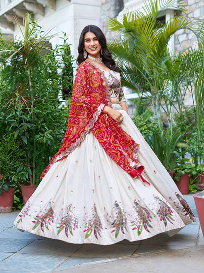 Stunning Red Color Pure Tissue Silk  Sequence And Thread Work Beautiful Lehenga Choli