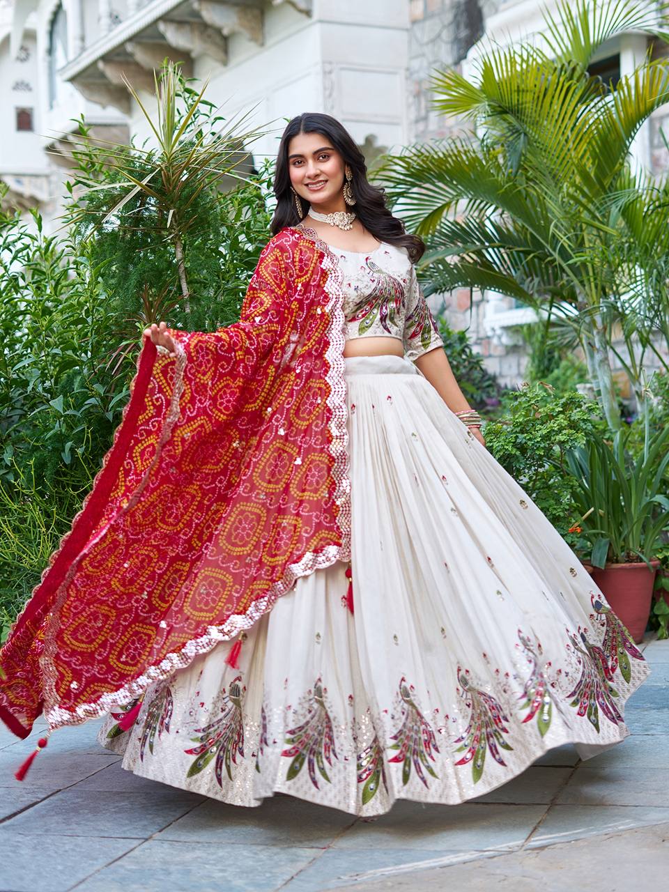 Stunning Red Color Pure Tissue Silk  Sequence And Thread Work Beautiful Lehenga Choli