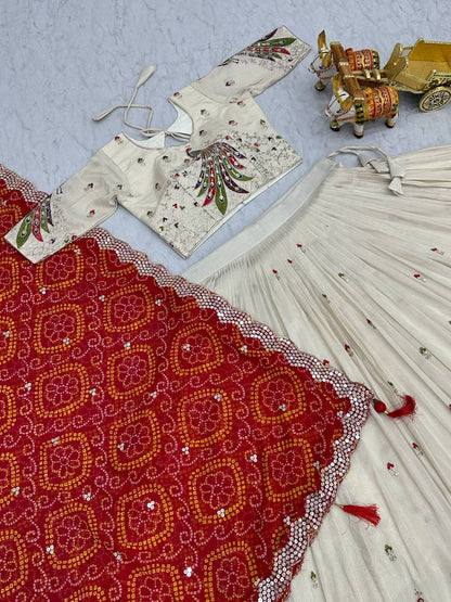 Stunning Red Color Pure Tissue Silk  Sequence And Thread Work Beautiful Lehenga Choli