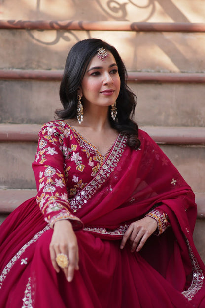 Marriage Special Pink Color Faux Blooming With Embroidery Zari Sequins Work Designer Gown