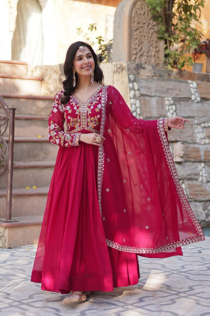 Marriage Special Pink Color Faux Blooming With Embroidery Zari Sequins Work Designer Gown