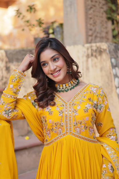 Marriage Special Yellow Color Faux Blooming With Embroidery Zari Sequins Work Designer Gown