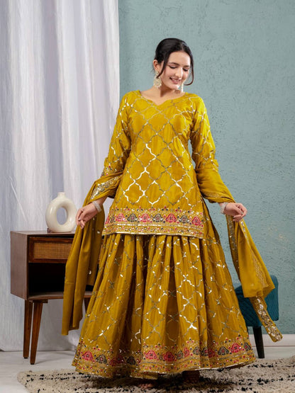 Wedding Wear Yellow Color Heavy Faux Georgette With 5mm Sequence Embroidery Work Sharara Suit