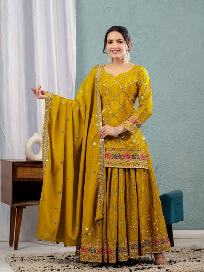 Wedding Wear Yellow Color Heavy Faux Georgette With 5mm Sequence Embroidery Work Sharara Suit