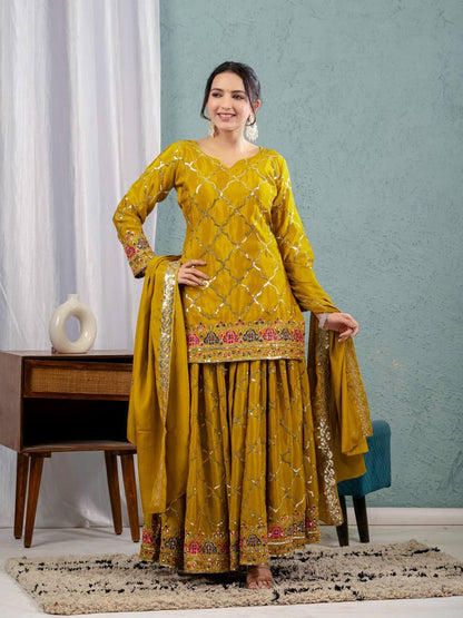 Wedding Wear Yellow Color Heavy Faux Georgette With 5mm Sequence Embroidery Work Sharara Suit