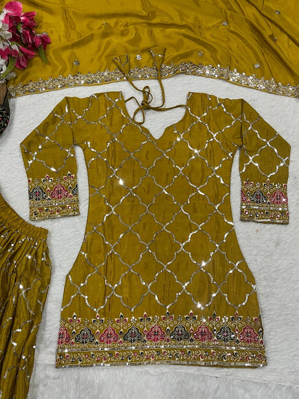 Wedding Wear Yellow Color Heavy Faux Georgette With 5mm Sequence Embroidery Work Sharara Suit