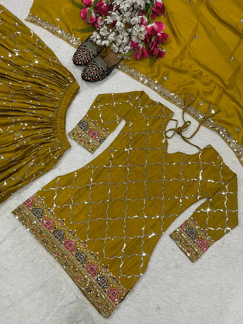 Wedding Wear Yellow Color Heavy Faux Georgette With 5mm Sequence Embroidery Work Sharara Suit