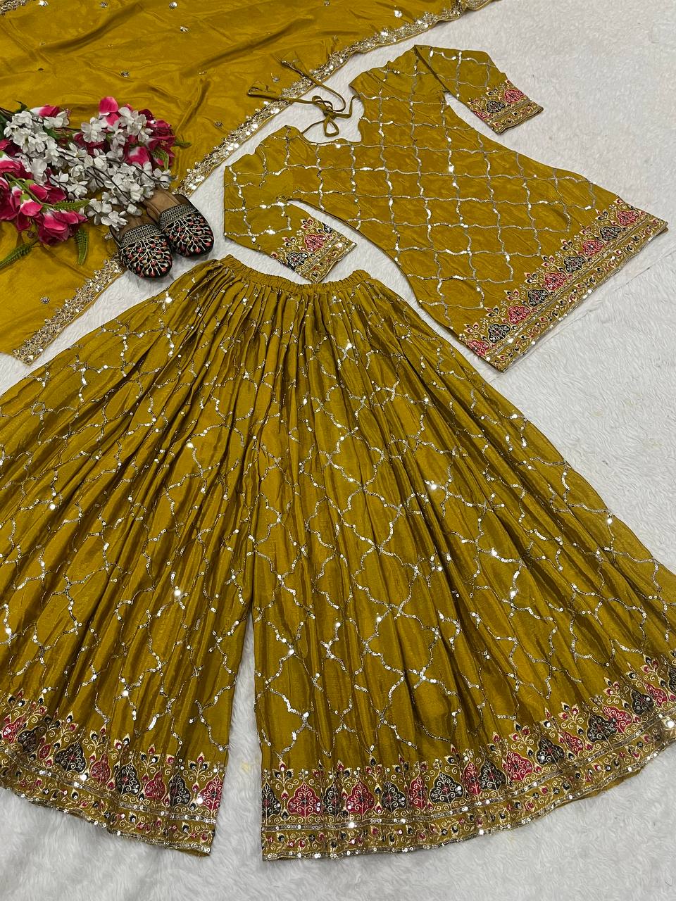 Wedding Wear Yellow Color Heavy Faux Georgette With 5mm Sequence Embroidery Work Sharara Suit