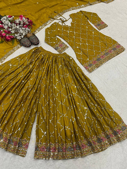 Wedding Wear Yellow Color Heavy Faux Georgette With 5mm Sequence Embroidery Work Sharara Suit