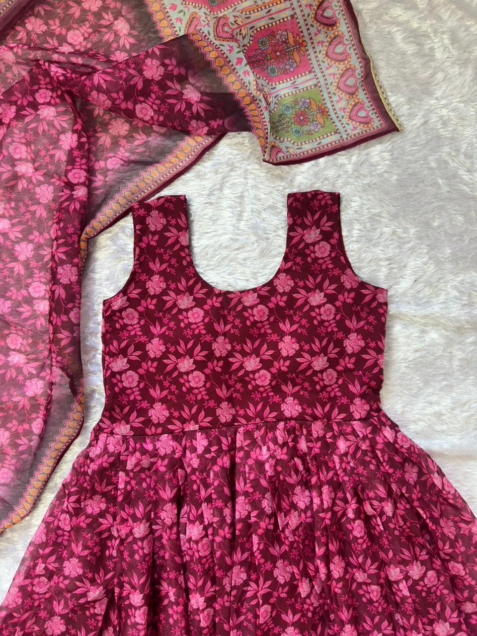 Precious Maroon Color Pure Organza Floral Printed Lehenga Choli