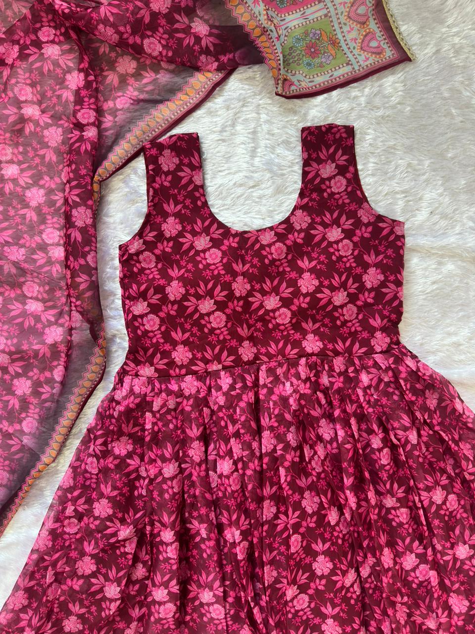 Precious Maroon Color Pure Organza Floral Printed Lehenga Choli