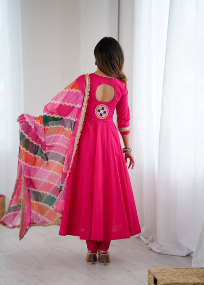 Designer Khadi Cotton Pink Color Gown Set with Dupatta