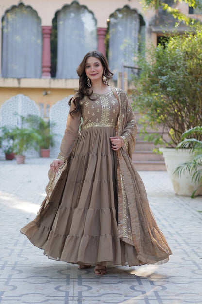Party Wear Beige Color Star Georgette Fabrics Designer Gown With Embroidered Dupatta