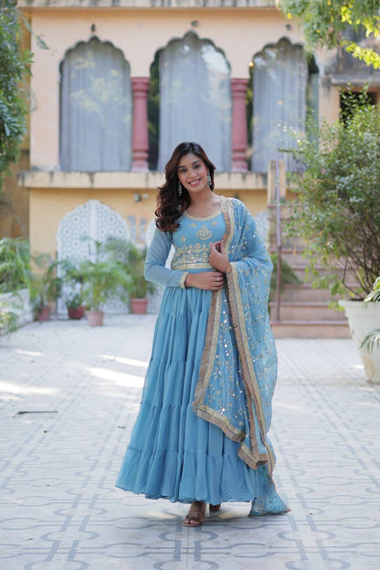 Party Wear Sky Color Star Georgette Fabrics Designer Gown With Embroidered Dupatta